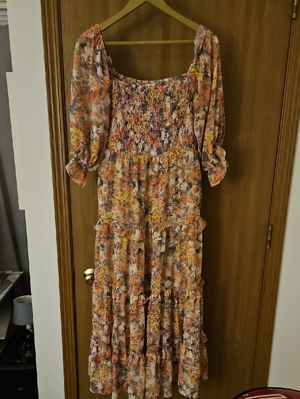 NWT DAVI & DANI Peach Floral Smocked Tiered Maxi Dress